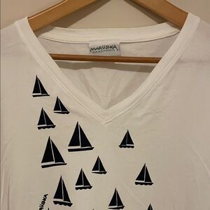 Marushka White V-Neck Long Sleeve Tee with Navy Sailboat Print